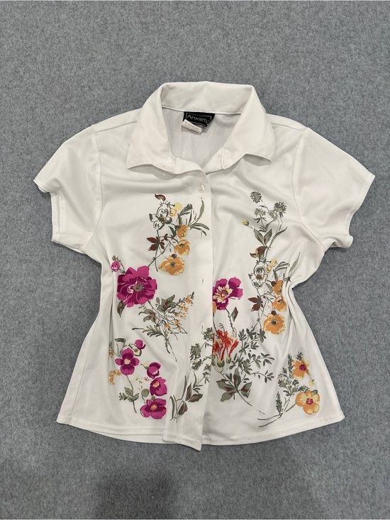 anxiety Tops - Anxiety White Button-Down Polo Shirt with Pink and Yellow Floral Print